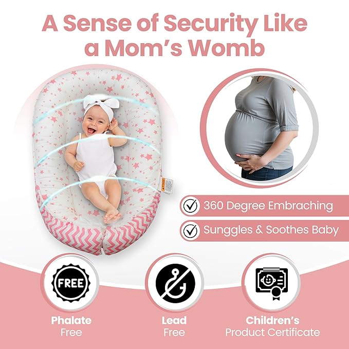 Baby Lounger for Newborn 0-24 Months, with Mosquito Net, Breathable & Soft Baby Nest, Portable & Lightweight (Pink)