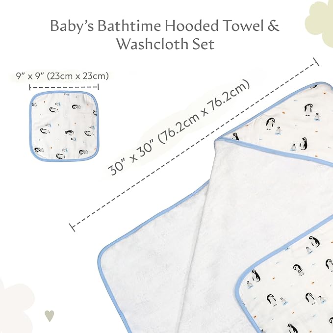 Bamboo Viscose Baby Hooded Towel & Washcloth Set for Babies and Toddlers, Soft & Absorbent, 70% Viscose from Bamboo, 30% Cotton Muslin - Imported (Penguin)