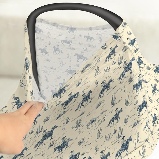 Vintage Western Cowboy Baby Car Seat Covers Retro Cowboy Cactus Horse Stretchy 5-in-1 Cover Adjustable Infant Carseat Canopy Cover Wild Desert Country Breathable Nursing Cover-Up
