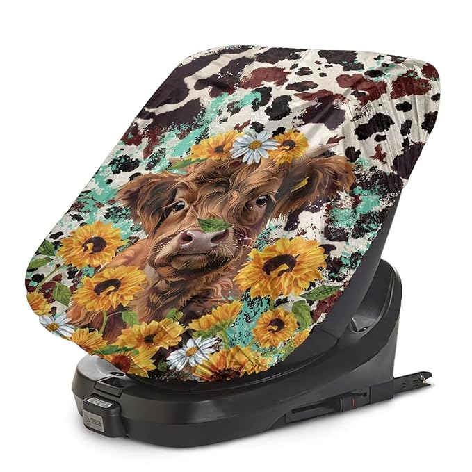 Baby Car Seat Cover Cute Highland Cow Car Seat Sun Shade Cover, Infant Car Seats Heat Protector, Travel Car Seat for Toddlers 1-3, Baby Travel Accessories, Sunflower Daisy Brown