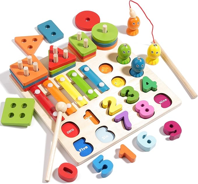 4-in-1 Wooden Activity Board for Toddlers Kids - Montessori Learning Toy with Magnetic Fishing, Number Blocks Puzzles, Shape Sorter & Xylophone - Educational Gift