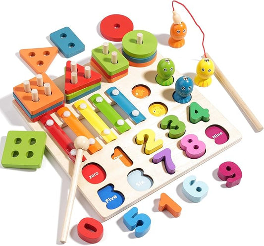 4-in-1 Wooden Activity Board for Toddlers Kids - Montessori Learning Toy with Magnetic Fishing, Number Blocks Puzzles, Shape Sorter & Xylophone - Educational Gift