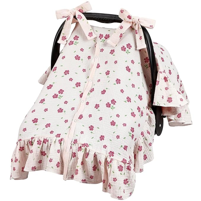 Tegeme Flower Muslin Car Seat Cover for Baby Girls Boys, Breathable Lightweight Infant Nursing Carseat Canopy Breastfeeding Cover Multi-use Carriers for Spring Summer Stroller Sun Shade