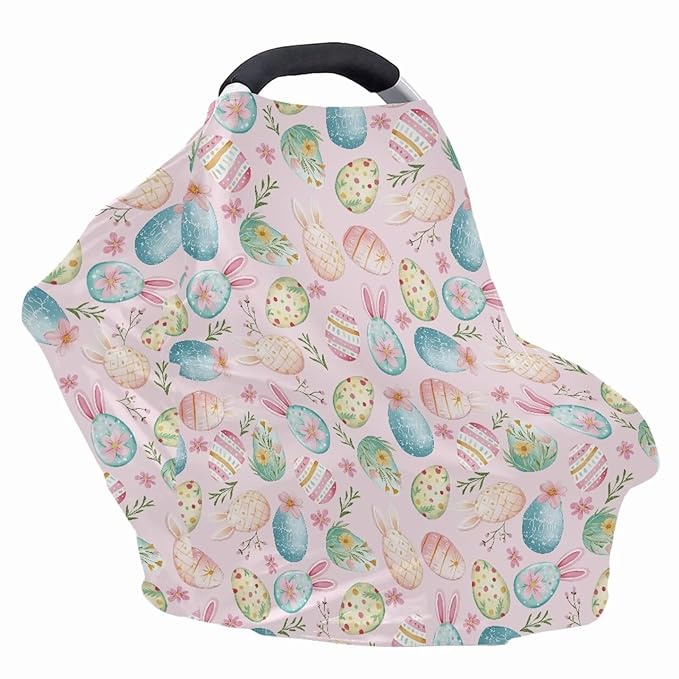 Wanyint Baby Car Seat Covers Carseat Canopy for Boys Girls, Multi-use Nursing Breastfeeding Covers Nursing Scarf for Breastfeeding Mothers, Easter Eggs Easter Rabbit Ears Flower Pink