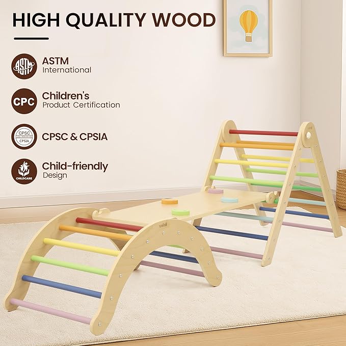 Belleur Pikler Triangle Set, 7-in-1 Foldable Climbing Toys for Toddlers 1-6 Years Old, Wooden Montessori Climbing Set with Arch, Ramp & Ladder, Baby Indoor Climber Jungle Gyms - Rainbow