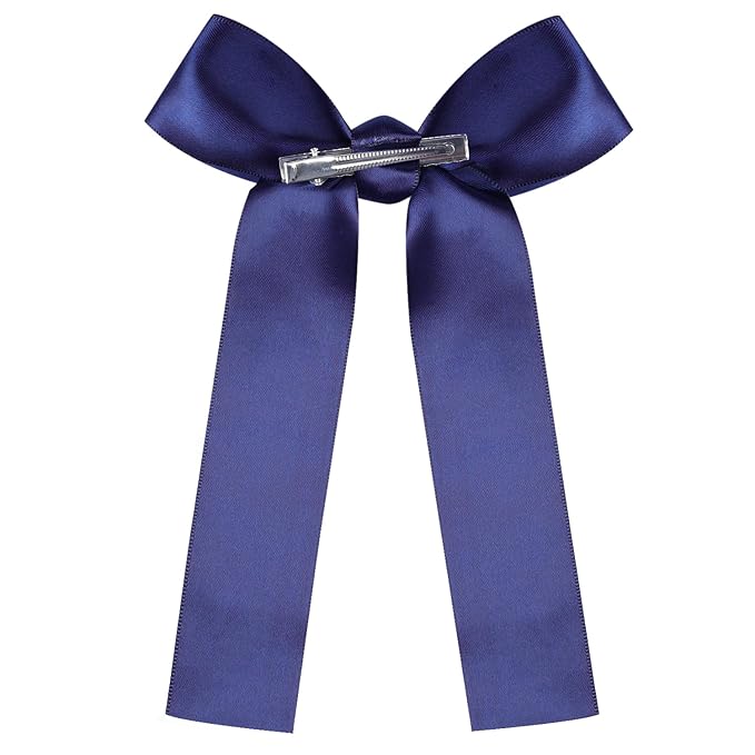 2-Pack Long Satin Ribbon Hair Bows for Girls – Elegant Silk Hair Clips for Toddlers, Infants, Teens & Kids - Navy Blue