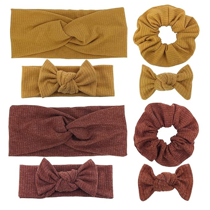 Sugarmelon Mommy and Me Headband Set Mother Baby Matching Turban Headband for Toddler Baby Girls Women Scrunchies Hair Bow Hairbands (Mustard and Golden Brown)