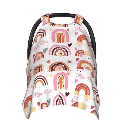 Personalized Baby Car Seat Canopy with Name, Colorful Rainbow Nursing Cover & Infant Car Seat Canopy, Shower Gift for Newborn Baby Girls