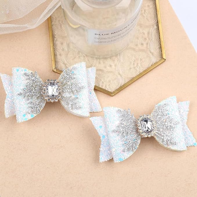 Christmas Snowflake Hair Bow Clips – Glitter White Snowflake Bow Hairpins for Women Girls Holiday Rhinestone Alligator Clips, Xmas Hair Accessories, Festive Holiday Bows Barrette Christmas Gift 2pcs