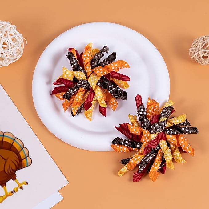 Thanksgiving Korker Hair Bow Clips Toddler Girls Cute Turkey Alligator Barrettes Cheer Pin Fall Curly Corker Ribbon Spiral Swirl Festival Decor Accessories Kids Give Thanks Gift