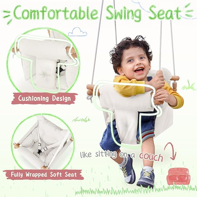 Baby Swing Indoor Outdoor,Secure Canvas Wooden Toddler Swing Seat, 3-Point Adjustable Safety Harness,Mounting Hardware Included,Gift for Boys and Girls,Beige