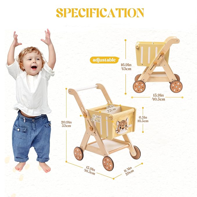 ROBOTIME Baby Walkers for Boys, Wooden Shopping Cart Toy for Toddler Kids, Height-Adjustable Wooden Push Walker, Sit to Stand Walker for Baby Learning to Walk