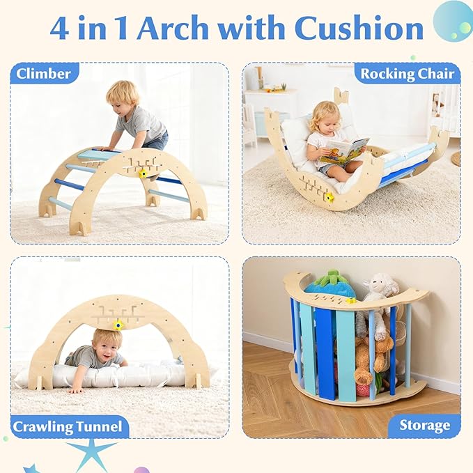 Olakids Pikler Triangle Set, 13 in 1 Astronaut Theme Foldable Wooden Montessori Toddler Climbing Toys Indoor with Cushion Ramp Arch Ladder Net