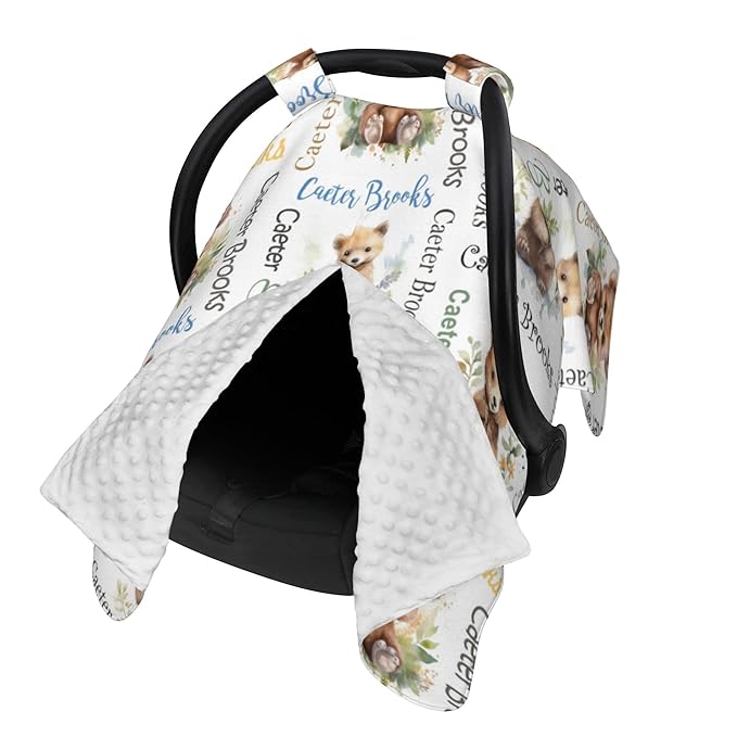 Personalized Baby Car Seat Cover Winter Custom Minky Carseat Cover Boy Girls with Name Bear Carseat Canopy Customized Car Seat Canopy Infant Carrier Covers Nursing Cover Toddler Blanket