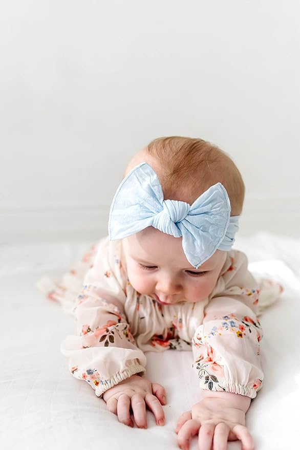 Baby Bling Bows - Newborn to Little Baby Girl Bows, 2 Pack Nylon Super Soft Stretchy Knot Toddler Headbands, Perfect Hair Accessories Head Bands for Infant Kids(Sky & Seafoam)