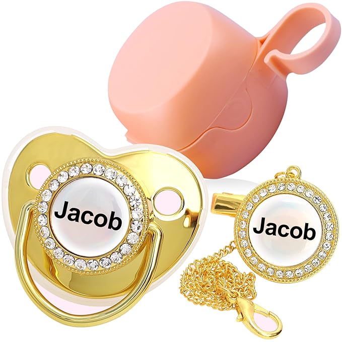 Personalized Pacifier with Name, Bling Gold Pacifier Clip Set Storage Box, Customized Glitter Crystal Luxurious Soother Ideal Gift for Boys Baby Shower Photography Newborn (Pink-Golden)