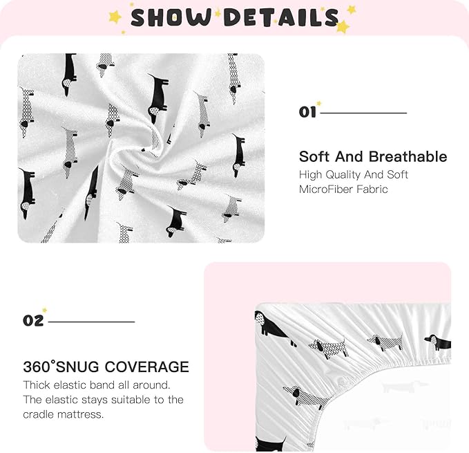 Fitted Crib Sheets Dachshund Black and White Dogs Stretchy Portable Playard Sheets for Baby Toddler, Breathable Soft Mini Crib Mattress 52 x 28 in for Boys and Girls