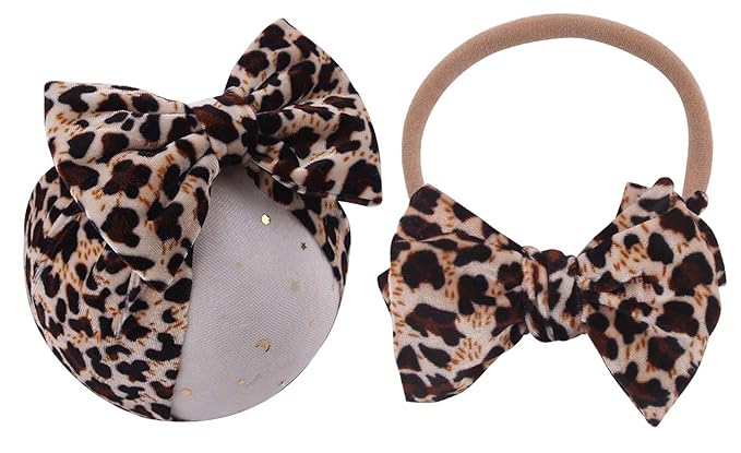 Baby Girls Leopard Headband Bow Turban - Wide Hair Band 2 Pack (B Set)