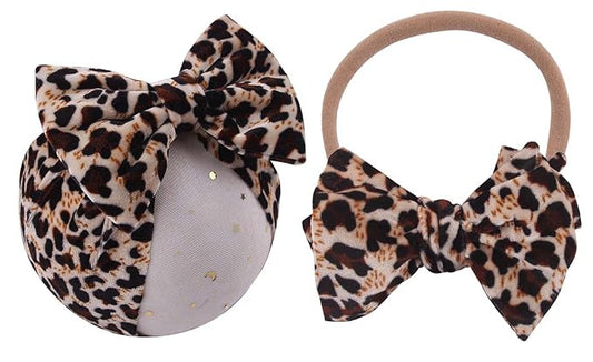 Baby Girls Leopard Headband Bow Turban - Wide Hair Band 2 Pack (B Set)