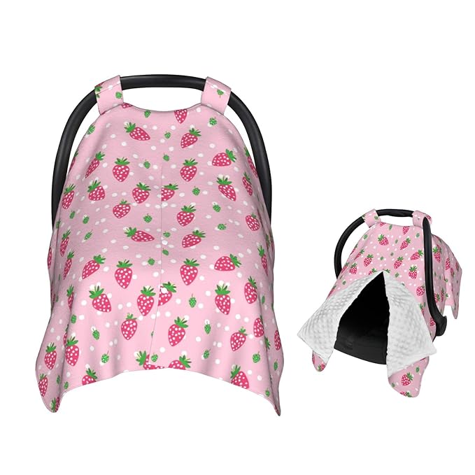 Pink and Green Strawberry Pattern Baby Car Seat Canopy and Nursing Cover for Breastfeeding Multi-Use Cover Lightweight Infant Stretchy Carrier Carseat Winter Cover for Newborn Girls Boys