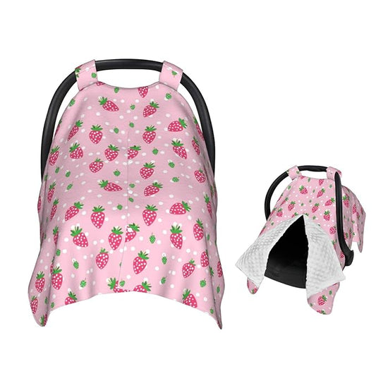 Pink and Green Strawberry Pattern Baby Car Seat Canopy and Nursing Cover for Breastfeeding Multi-Use Cover Lightweight Infant Stretchy Carrier Carseat Winter Cover for Newborn Girls Boys