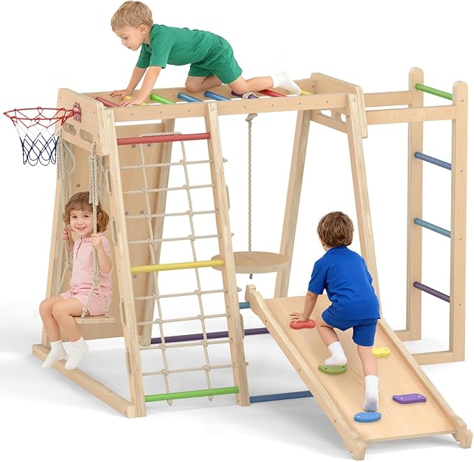 OLAKIDS Indoor Jungle Gym, 9 in 1 Wooden Montessori Baby Climbing Toys with Adjustable 2 Swings Ramp, Monkey Bar Basketball Hoop Ladder Climb Net (Colorful)