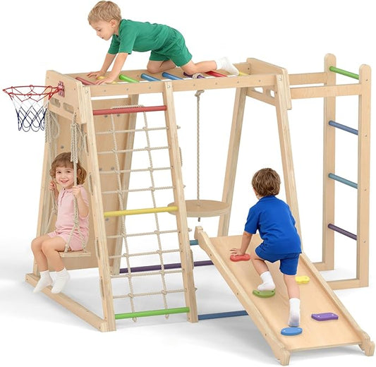 OLAKIDS Indoor Jungle Gym, 9 in 1 Wooden Montessori Baby Climbing Toys with Adjustable 2 Swings Ramp, Monkey Bar Basketball Hoop Ladder Climb Net (Colorful)