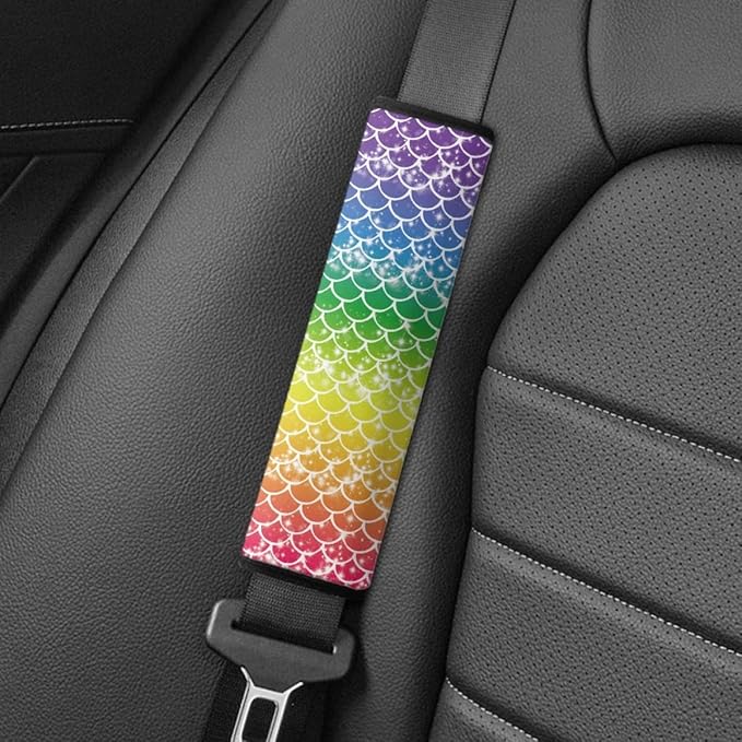 ENLACHIC Baby Car Seat Belt Cover, Cute Dinosaur Print Car Seat Shoulder Strap Pads, Infant Car Seat Cushion Safety Seatbelt Protector for Kids Boys Girls,Rainbow Fish Scale
