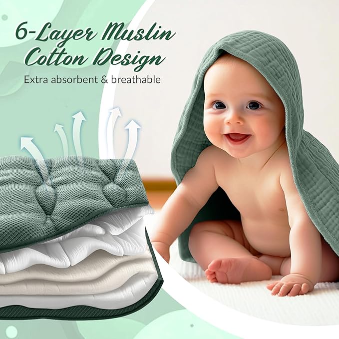 Hahafelt 6 Pcs Muslin Hooded Bath Towels Washcloths and Bibs Set, Muslin Cotton Baby Towels Absorbent Hooded Blanket Towel Infant Bibs for Boys Girls Newborn Infant Essential(Dark Green, Beige)