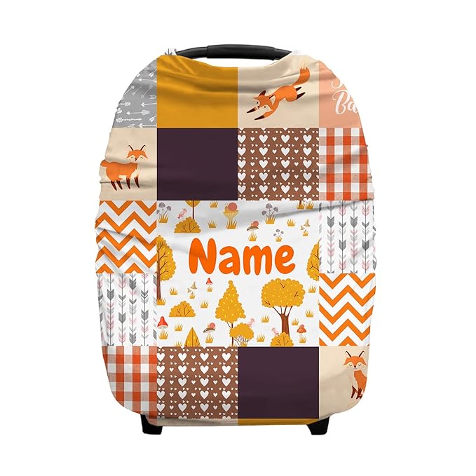 Personalized Baby Car Seat Cover for Boys Girls, Custom Nursing Covers for Breastfeeding with Name, Infant Stroller Cover, Baby Carseat Canopy for Newborn, Multiuse Car Seat Canopies, Cute Fox