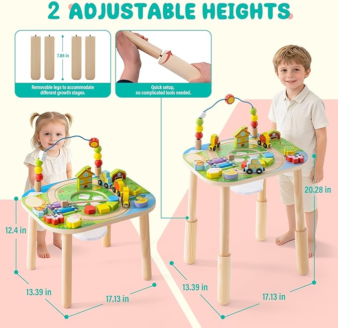 Montessori Activity Table for 1 Year Old, 9-in-1 Wooden Activity Table with Adjustable Height, Train, Shape Sorter, Xylophone, Baby Sensory Educational Learning Toys, Birthday Gift (Farm)
