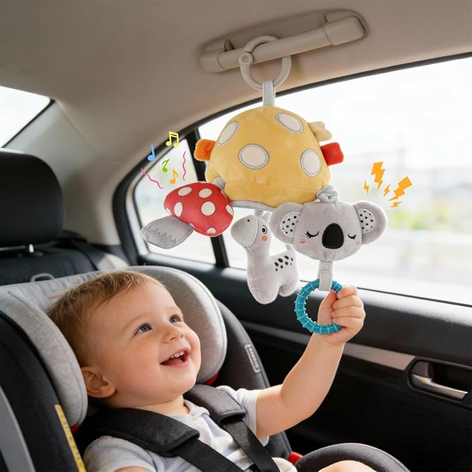 Musical Baby Pull Vibration Toy for Car Seat 6-12 Months, Travel Sensory Toy 3 Months, Montessori Plush Toys for Roadtrip with Crinkle Textures Flutter Squeaky Mirror Newborn Infant Gift