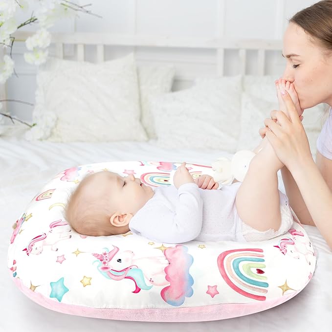 Newborn Lounger Cover for Boys Girls, Soft Comfortable Baby Lounger Cover 1 Pack Reversible Removable Fleece Slipover for Infant Lounger Pillow, Unicorn (Cover Only)