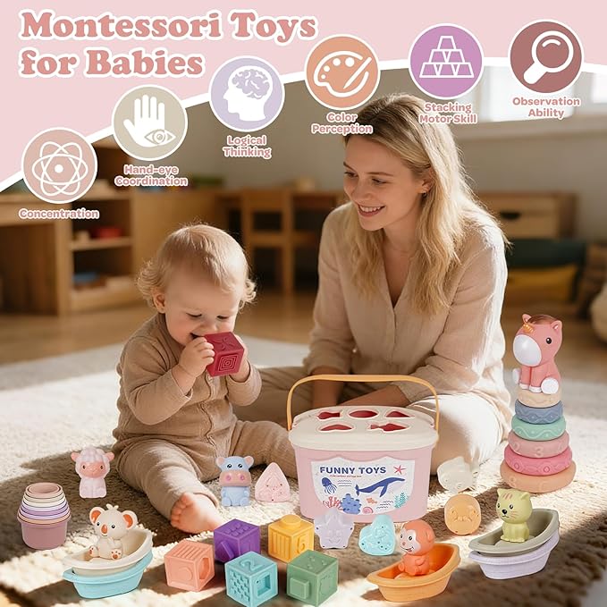 Montessori Baby Toys for Infants 6-18 Months Toddler 6–12 Months Shape Sorter Sorting Stacking Toy Sensory Learning Set with Stacking Rings for Babies Birthday Gift