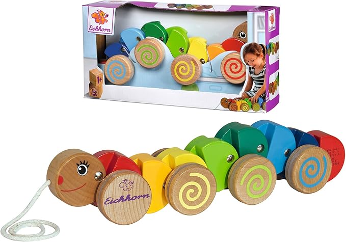 Eichhorn 100003447 Nachziehtier-100003446 Pull-Along Caterpillar with Movement, 32 cm Long, Beech Wood, Colourful