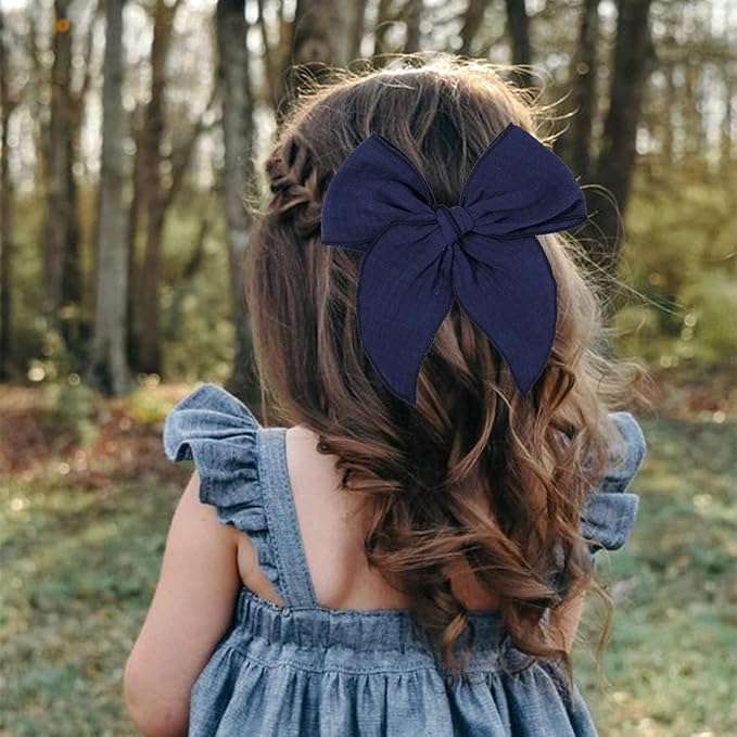 5.5 Inch Navy Blue Fable Hair Bow: Handmade Linen Cotton Hair Clip for Girls - 1 PCS