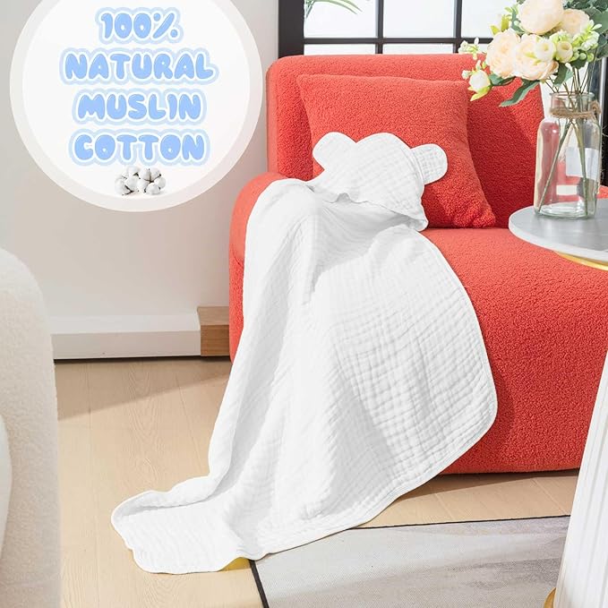 Preboun 6 Pcs Muslin Baby Hooded Towels Cotton Absorbent 6 Layers Cute Bath Toddler Towels for Newborn Kids Girl Infant Boys Toddler Shower Gift Supplies (Grey,Blue,White)