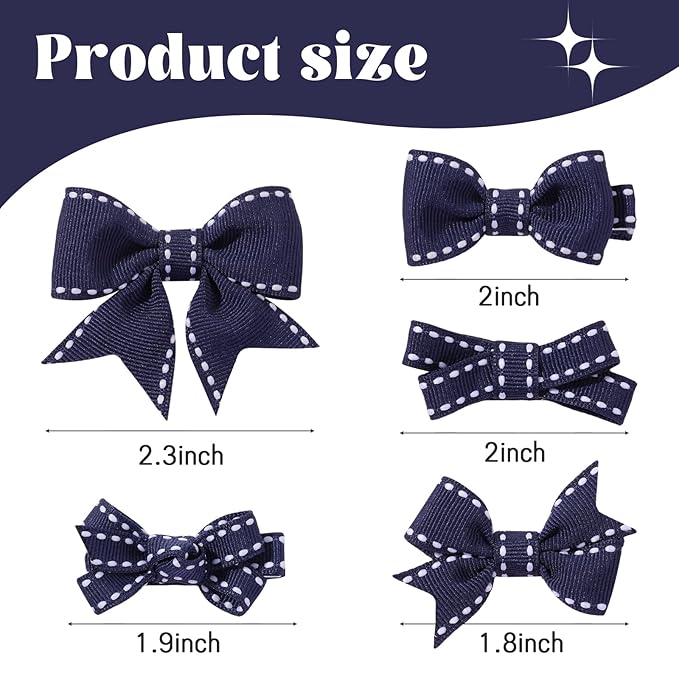 YHXX YLEN Hair Bows for Girls 10 PCS Fully Lined Navy Blue Hair Clips Tiny 2" Grosgrain Stitch Edge Alligator Clips for Baby Girls Infants Toddlers in Pairs