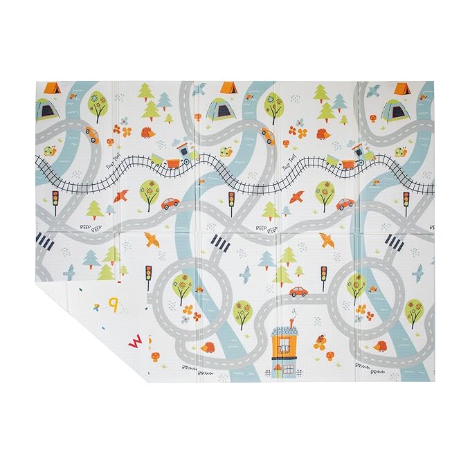 Nuby Reversible Baby Floor Mat - Foldable and Lightweight Foam Infant Play Mat - 77" x 58" - Easy Storage and Travel - Car Tracks/Alphabet