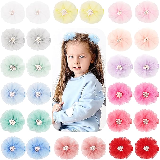 DeD 28PCS 2" Chiffon Flower Hair Clips with Pistil Tiny Hair Clips Fine Hair Accessories for Girls Infants Toddlers Set of 14 Pairs