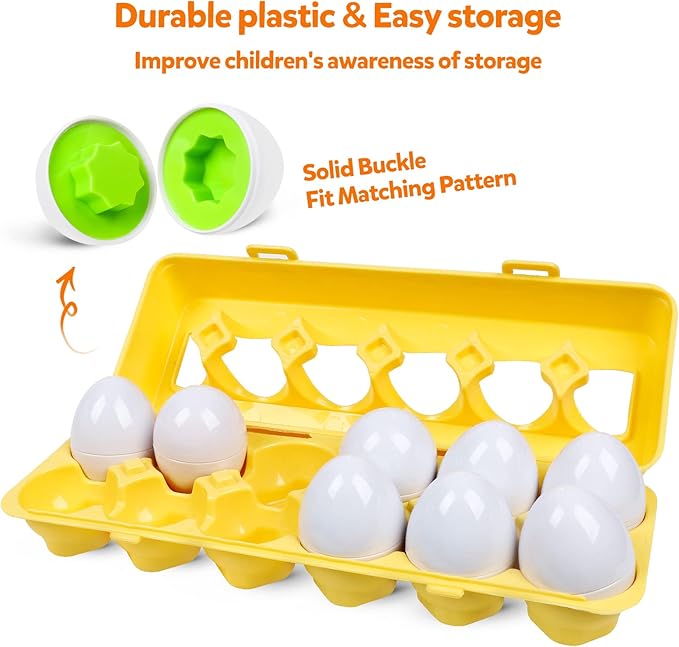 Montessori Geometric Eggs,12 pcs Set Color & Shape Egg Puzzle Toys Matching Eggs for Toddlers 1-3,Preschool Educational Sorting Game Fine Motor Toy Easter Gifts for Kids Boys Girls