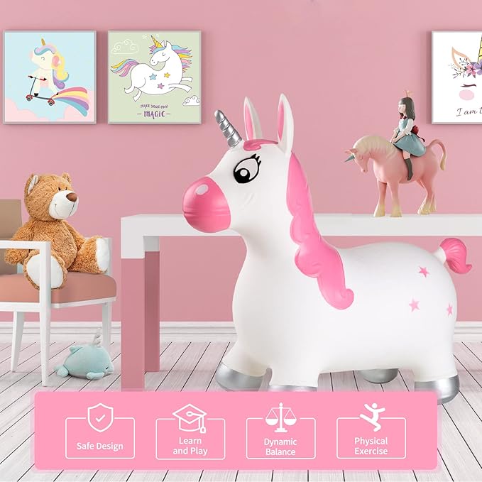INPANY Pink Bouncy Unicorn Hopper, Horse Hopper, Bouncy Inflatable Animal Ride-on Toy for Children, Boys and Girls, Toddlers (Pump Included)