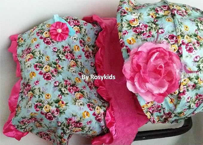 Rosy Kids Infant Carseat Canopy Cover 4pc Whole Caboodle, Baby Car Seat Cover Baby Blanket Outdoor Kit, Turquoise Blue Ground Rose Print