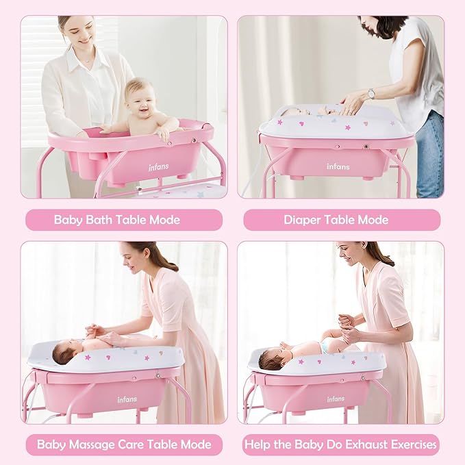 INFANS 2 in 1 Baby Changing Table with Bath Tub Unit, Folding Diaper Dresser Station with Wheels Waterproof Pad Storage Rack, Portable Nursery Organizer Stand for Newborn Infant