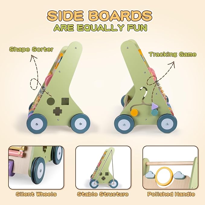 LOL-FUN Wooden Baby Walker with Wheels, Baby Walker for Boys 12 Months Push Toy, Montessori Walking Toys for 1 Year Old Activity Center