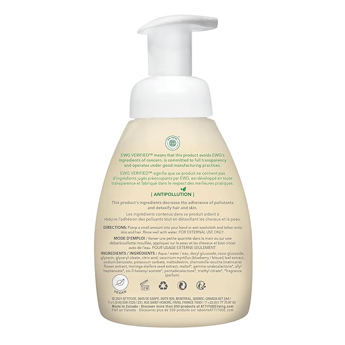 ATTITUDE 2-in-1 Hair and Body Foaming Wash for Baby, EWG Verified, Dermatologically Tested, Made with Naturally Derived Ingredients, Vegan, Pear Nectar, 10 Fl Oz (Pack of 3)