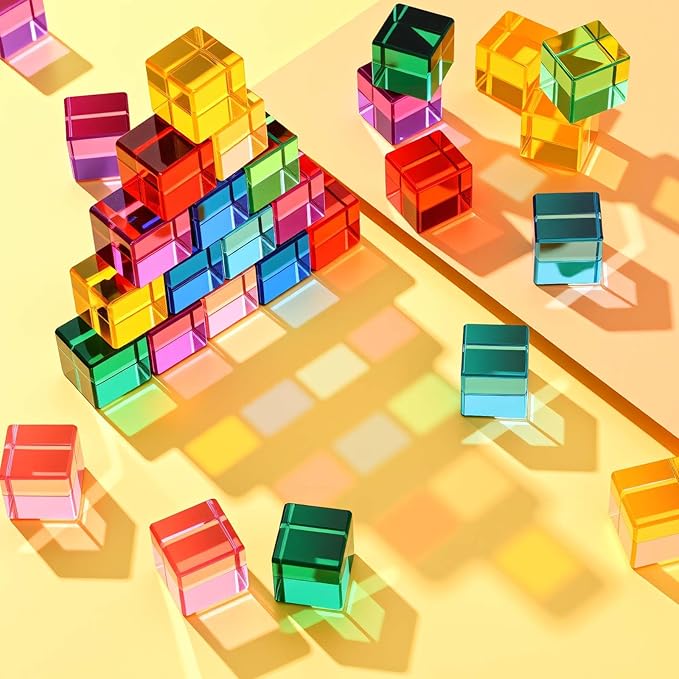 Meooeck 20 Pcs Acrylic Gem Cubes Blocks for Kids Translucent Rainbow Building Blocks Crystal Light Shadow Stacking Toys for School Education Training Learning(2.5 x 2.5 x 2.5 cm)