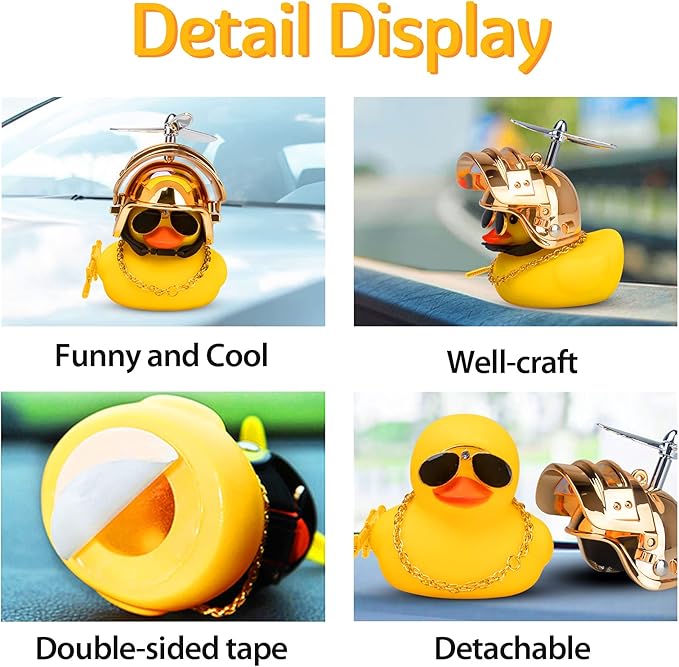 wonuu Rubber Duck Car Ornaments Cool Yellow Duck Car Dashboard Decorations Squeaky Glasses Duck with Propeller Helmet for Car ccessories Dashboard (Y-Gold)