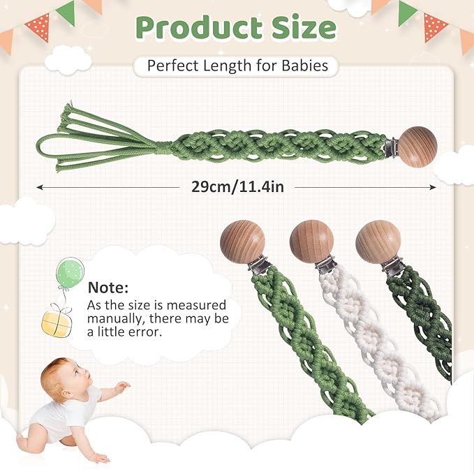 Boho Pacifier Clip for Boys Girls Pacifier Holder Leash Wooden Clips Handmade Braided Cotton Unisex Baby Shower Birthday Gift Christmas Gift