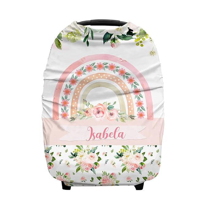 Personalized Baby Car Seat Cover for Girls, Custom Nursing Covers for Breastfeeding with Name, Infant Stroller Cover, Baby Carseat Canopy for Newborn, Multiuse Car Seat Canopies, Rainbow